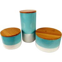 Set of Three Canisters Aqua Green Ceramic Storage Jars with Lids