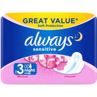 Always Sensitive Night Size 3 Sanitary Pads With Wings - 10 st