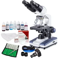 AmScope VB-B120C-EXPT Student & Professional LED Binocular Compound Microscope Value Bundle 40X-2500X Magnification w/ 3D Stage, 5MP Camera and Vital Stain Kit for Living Cells