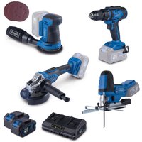 Akku-Aktions-Set AS200 Scheppach - 20V | Stichsäge | Bohrschrauber | Exzenterschleifer | Winkelschleifer | inkl. 2x 4Ah Akku & 2,4A Doppelladegerät Akku-Aktions-Set AS200 Scheppach - 20V | Stichsäge | Bohrschrauber | Exzenterschleifer | Winkelschleifer | inkl. 2x 4Ah Akku & 2,4A Doppelladegerät