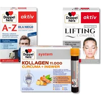Doppelherz® aktiv A-Z Dla Niego, 30 tabletek + LIFTING Complex PREMIUM, 30 kapsułek + Doppelherz system KOLLAGEN 11.000 KURKUMA + IMBIR, 30 ampułek ZESTAW