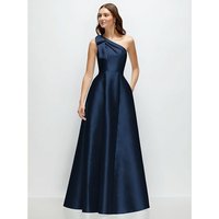 Bow One-Shoulder Full A-Line Satin Maxi Dress in Midnight Navy
