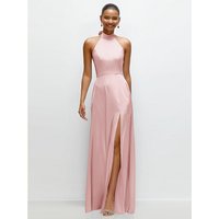 Band Collar Halter Open Back Fluid Satin Maxi Dress with Self-Tie Bow in Ballet Pink