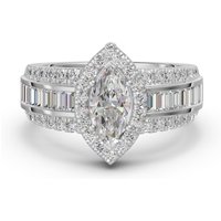Marquise Cut Halo Baguette Accented Engagement Ring Moissanite, Size 1.00 cts in White | Gold by Diamond Nexus