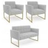 Namoradeira e 2 Poltronas Industrial Dourado Ana Bouclé Cinza - Ibiza