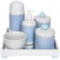 Kit Higiene Espelho Completo Porcelanas, Garrafa Pequena e Capa Coroa Azul Quarto Bebê Menino