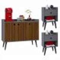 Kit 2 Mesas Cabeceira Decore Mesinha Gaveta Nicho Aparador Buffet Wood New Cinza/Ripado Retrô Pés Palito - Lojas RPM