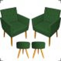 Kit 2 Poltronas Decorativas Nina Com Base E Capitonê + 2 Puff Redondo Suede Verde Pé Castanho - Clique E Decore