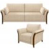Kit Sofá 02 Lugares Sala Estar 162cm Com Poltrona Stefan Pés De Madeira M03 Linho Bege - Lyam Decor