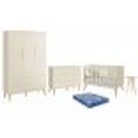 Dormitório Theo 3 Portas, Cômoda 6 Gavetas, Berço, Mesa de Canto Areia Fosco com Pés Madeira Natural e Colchão - Reller Móveis