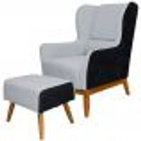 Kit Poltrona Decorativa Milena com Puff Viseo D02 Linho Cinza D-315 Corano Preto - Lyam Decor