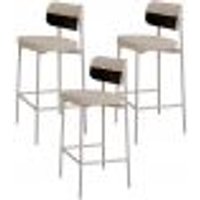 Kit 03 Banquetas Alta Bar Cozinha Sala De Jantar Aço Branco Kaira C01 Linho Areia Courino Preto - Lyam Decor