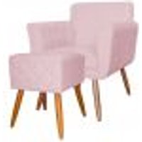 Combo Poltrona mais Puff Isabela em Tressê Pés Palito Suede Rosa Bebê