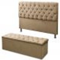 Cabeceira com Calçadeira Baú King 195cm Para Cama Box Sofia Suede Bege Capitonê - DS Móveis