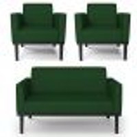 Sofá Namoradeira e 2 Poltronas Base Madeira Preto Maressa Veludo Luxo Verde - Ibiza