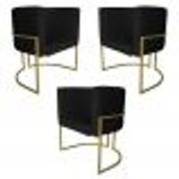 Kit 3 Poltronas Decorativa Luana Base Gold PU Preto - Montanaris Decor