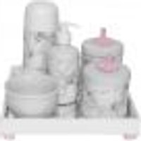 Kit Higiene Espelho Completo Porcelanas, Garrafa Pequena e Capa Provençal Rosa Quarto Bebê Menina