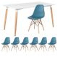 Mesa de jantar retangular Eames 80 x 140 cm branco + 6 cadeiras Eiffel DSW Turquesa