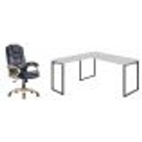 Conjunto de Mesa Kuadra II Branca 150 cm com Cadeira de Escritório Presidente Giratória com Relax Clark Preta e Dourada