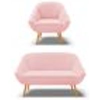 Kit 01 Namoradeira 02 Lugares e 01 Poltrona Giovana Suede Rosa Bebê Pés Palito Castanho - D'Rossi