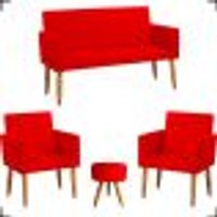 Kit Namoradeira + 2 Poltronas Decorativas Para Sala Nina + Puff Redondo Suede Vermelho Pé Castanho