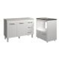 Balcão Armário Gabinete Bruna 118 cm com Tampo Tampão e Balcão Evelyn para Cooktop 4 Bocas Branco