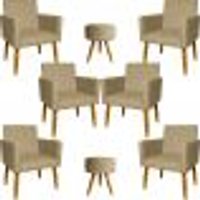 Kit 6 Poltronas Decorativas Para Sala, Recepção Nina + 2 Puff Redondo Suede Nude Pé Castanho - Clique E Decore