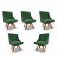Kit 5 Cadeiras Decorativas Sala de Jantar Base Giratória de Madeira Firenze Veludo Verde/Natural G19 - Gran Belo