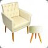 Kit Poltrona Decorativa Nina Com Base E Capitonê + Puff Redondo Suede Bege Pé Castanho - Clique E Decore