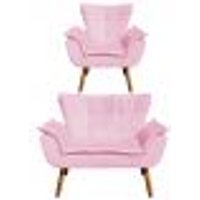 Kit Namoradeira e 01 Poltrona Opala Suede Rosa Bebê Pés Palito Castanho D'Rossi