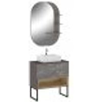 Conjunto Banheiro Gabinete 80cm Com Pés Cuba E Espelho Vicenza B06 Branco Magneto Nogal - Lyam Decor
