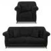 Kit Poltrona e Sofá Living 2 Lugares 1,80m Vênus Suede Preto Pés Castanho - Pallazio