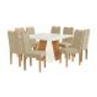Conjunto de Mesa de Jantar Quadrada com Tampo de Vidro Off White e 8 Cadeiras Dalia Bouclé Bege e Eucalipto