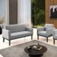Conjunto Poltrona e Namoradeira Decorativa Isabella Pés Fixo em Madeira Preto Suede Cinza G19 - Gran Belo