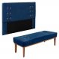 Kit Cabeceira e Calçadeira Recamier King 1,95m Gênova Suede Azul Marinho - Pallazio