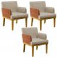 Kit 03 Poltronas Decorativas Base Mel Beatriz W01 Linho Bege CourÃssimo Camel - Lyam Decor