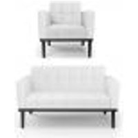 Conjunto Poltrona e Namoradeira Decorativa Karen Pés Fixo em Madeira Preto PU Branco G19 - Gran Belo
