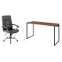 Conjunto de Mesa Studio Nogal 135 cm com Cadeira de Escritório Presidente Giratória com Relax Office Plus Preta