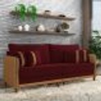 Sofá Living Montecarlo 3 Lugares Bipartido 232cm Pés em Madeira Veludo/PU Bordô/Caramelo G33 - Gran Belo
