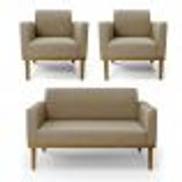 Conjunto 2 Poltronas e 1 Namoradeira Decorativa Isabella Pés Fixo em Madeira Castanho Suede Nude G19 - Gran Belo