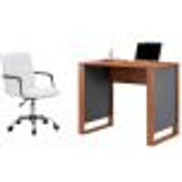 Conjunto de Mesa Morada Amendola e Grafito com Cadeira de Escritório Secretária Giratória Fitz Branca