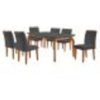 Conjunto de Mesa de Jantar Retangular com Tampo de Vidro Turquesa e 6 Cadeiras Luanda Veludo Grafite e Imbuia