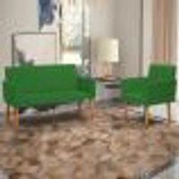 Kit Namoradeira + Poltrona Para Sala Decorativa Nina Suede Verde Pé Castanho