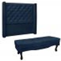 Kit Cabeceira e Calçadeira Recamier Casal 1,40m Vicenza Suede Azul Marinho - Pallazio