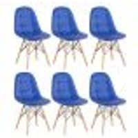 Kit 6 cadeiras estofadas Charles Eames Eiffel Botonê com pés de madeira clara Azul