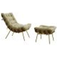 Conjunto Decorativo Poltrona e Puff Abel Base de Madeira Dourada Veludo Bege G41 - Gran Belo