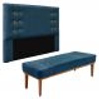Kit Cabeceira e Calçadeira Recamier Queen 1,60m Gênova Veludo Azul Marinho - Pallazio