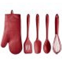 Jogo de Utensílios 5 Peças Talheres de Silicone Vermelhos e Luva Térmica Protetora