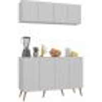 Kit Armário de Cozinha Aéreo e Balcão 4 Portas Retrô Multimóveis MP2170 Branco/Natural