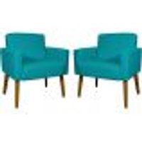 Kit 2 Poltronas Decorativas Reforçadas Para Sala Hope Suede Azul Turquesa Pé Castanho - Clique E Decore